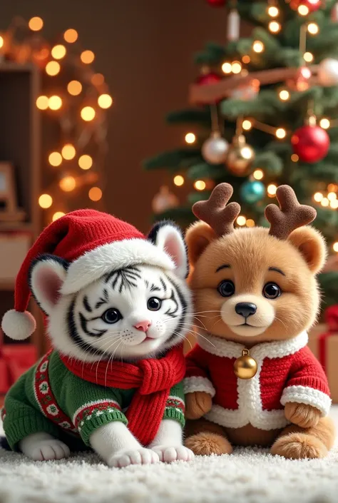 ((Masterpiece)), ((ultra-detailed, 8k quality)), photorealistic Christmas-themed photograph of cute pets: a white tiger cub, a fluffy wolf pup, and a cuddly bear cub, all dressed in festive Christmas outfits. The white tiger cub wears a tiny red Santa hat ...