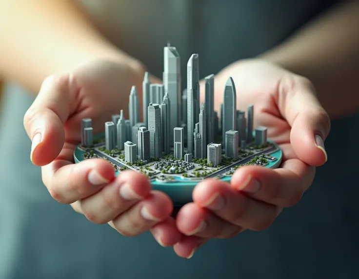 Cupped hands holding miniature cityscape, modern skyscrapers, urban metropolis, photorealistic, high detail, soft lighting, neutral background, concept of urban planning, surreal scale, architectural marvel, futuristic city, human connection to urban devel...