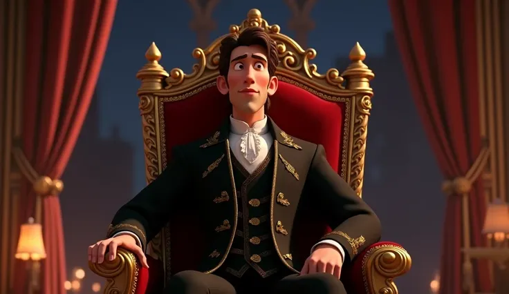 Disney pixar 3d animated. adam in the movie beauty and the beast. Wearing 19th century black royal clothing with gold trim. sitting on the royal throne. background inside the royal building. Midnight