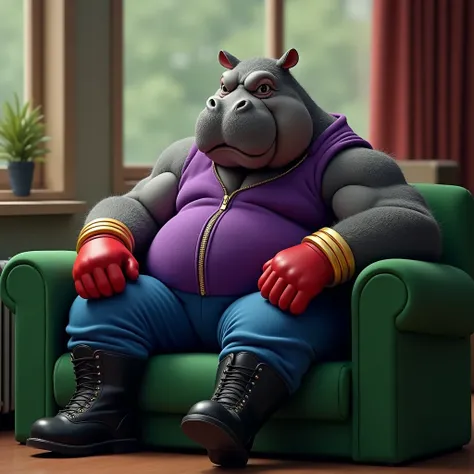 Gray muscular hippopotamus furry jock in gold bracelets, wearing black boots , wearing blue pants ,  in a purple zippered sleeveless sweater, wearing red gloves sits on a green sofa by the window 