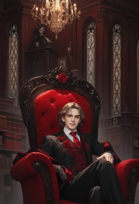  Create me a tall red-eyed man , Of a dark beauty ,  with a mischievous and gentle smile wearing a black Victorian suit a crimson red tie,  sitting in a mahogany armchair in an old library  