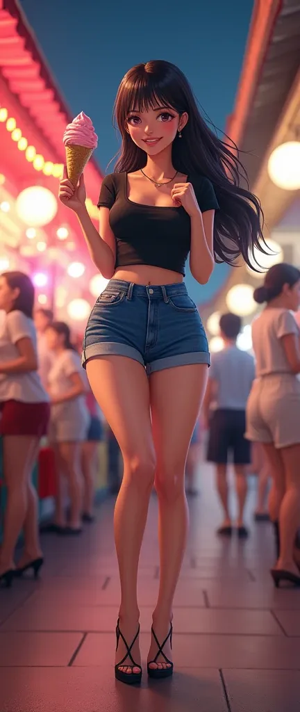  lively night market . Osaki Amane, Very mature , Sexy sweet , ,   huge bulging  , Tight Denim Shorts ,  Open Waist T-Shirt,  Extra high heels , Hands raise ice cream to chest,  their faces are full of joy and satisfaction.  full body portrait,  takes a fu...