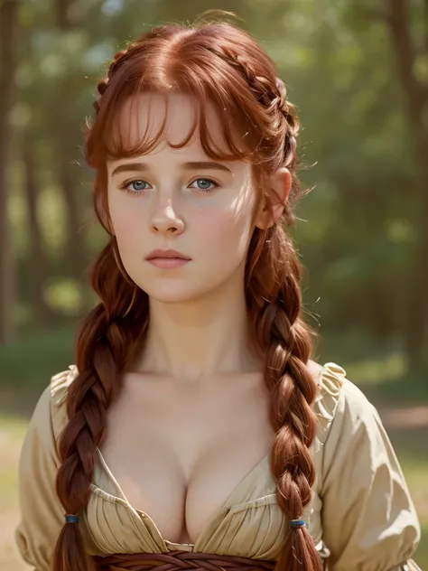 (best quality,4k,8k,highres,masterpiece:1.2),ultra-detailed,(realistic,photorealistic,photo-realistic:1.37), ((medieval woman, solo, shy)), ((very large bust size for her young age)), braided red hair, pale skin