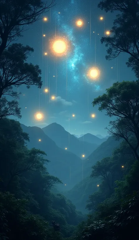 Image of mysterious lights in the night sky over the jungle.