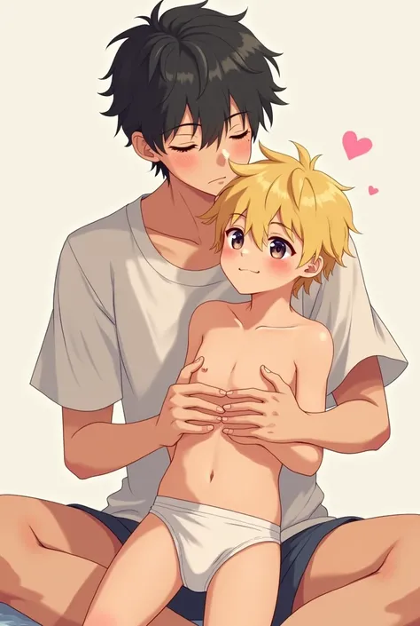 A blond boy with a pleasurable, blushing face who only wears underwear sitting on the lap of a dark-haired boy holding him around the waist in anime style 
