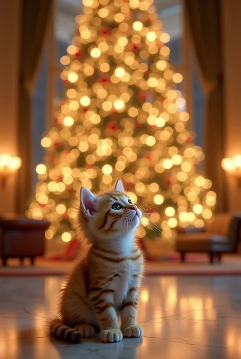 Live action kitten looking up at the Emirates Palace Hotel Christmas tree