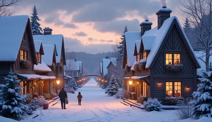 A snow-covered village at dusk, with chimneys smoking, festive lights, and families gathering in windows.