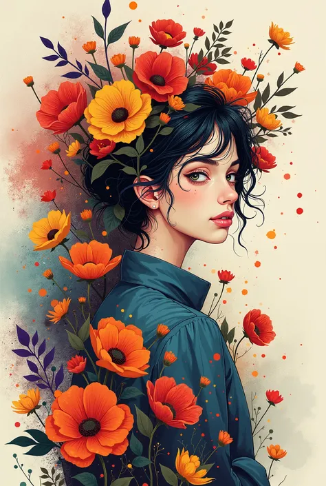 A person surrounded by colorful flowers or paint splatters, with a thoughtful expression
, Illustration drawing stoicism
