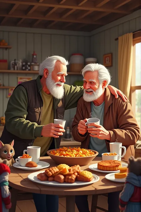 Smiling White-haired wise old man is indulging his son excessively giving food drinks toys in a simple wooden house