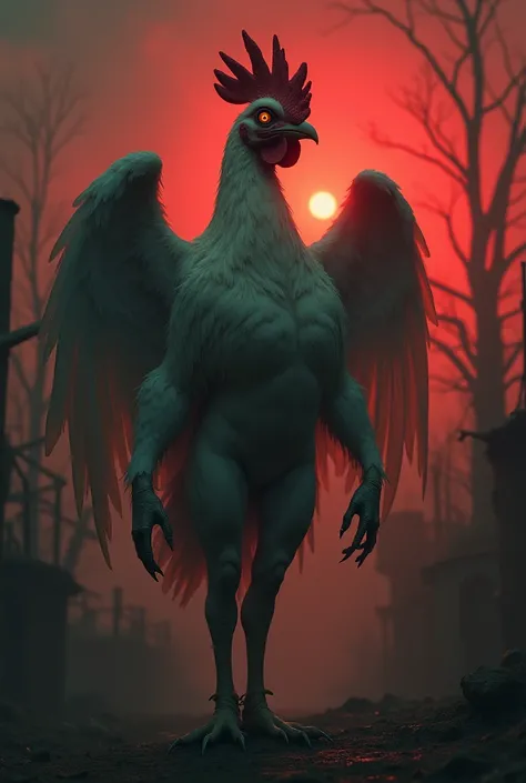 Create a hybrid entity that combines the features of a hen and a woman into a single, seamless, and eerie form. The creature should have the body of a hen with feathered wings that transition into human-like arms with clawed fingers. The face should be a b...