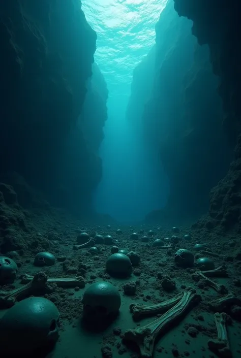 A captivating view of the oceans deepest point, with a faint glow or unknown structure barely visible in the distance, seabed full of skeleton bones ans skulls, a lot of bones. The image has an ominous, mysterious feel, with dark shadows and subtle light b...