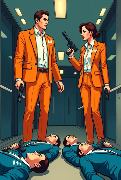 A man and a woman in orange suits with printed words IS1.Looking at five men lying on the floor in a state of exhaustion, the one lying down was wearing a blue suit with the words printed on it AGL.Everyone has a gun.Modern cartoon lines.Everyone has a gun...