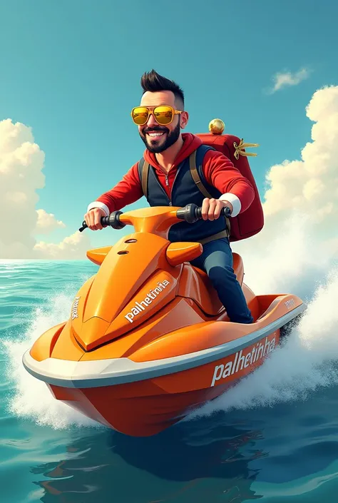 A man with a closed black goatee , smiling,  dressed in Christmas clothes , with black vest ,  with a red toy bag on the back , wearing gold mirrored sports glasses ,  riding an orange jet ski with white details without gloves, Written "Palhetinha", in dra...