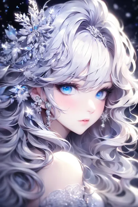 masterpiece,( best quality),highlydetailed, super detailed, 1 girl,::Beautifully colored eyes, long hair with waves ,  How glittering snowflakes fall fantastic snow off-the-shoulder white sweater with flowers scattered in the hair high resolution,  blue ey...