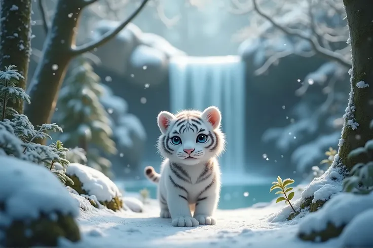 In an enchanted forest, beautiful winter light, a cute little white tiger is surrounded by trees, near a little waterfall 