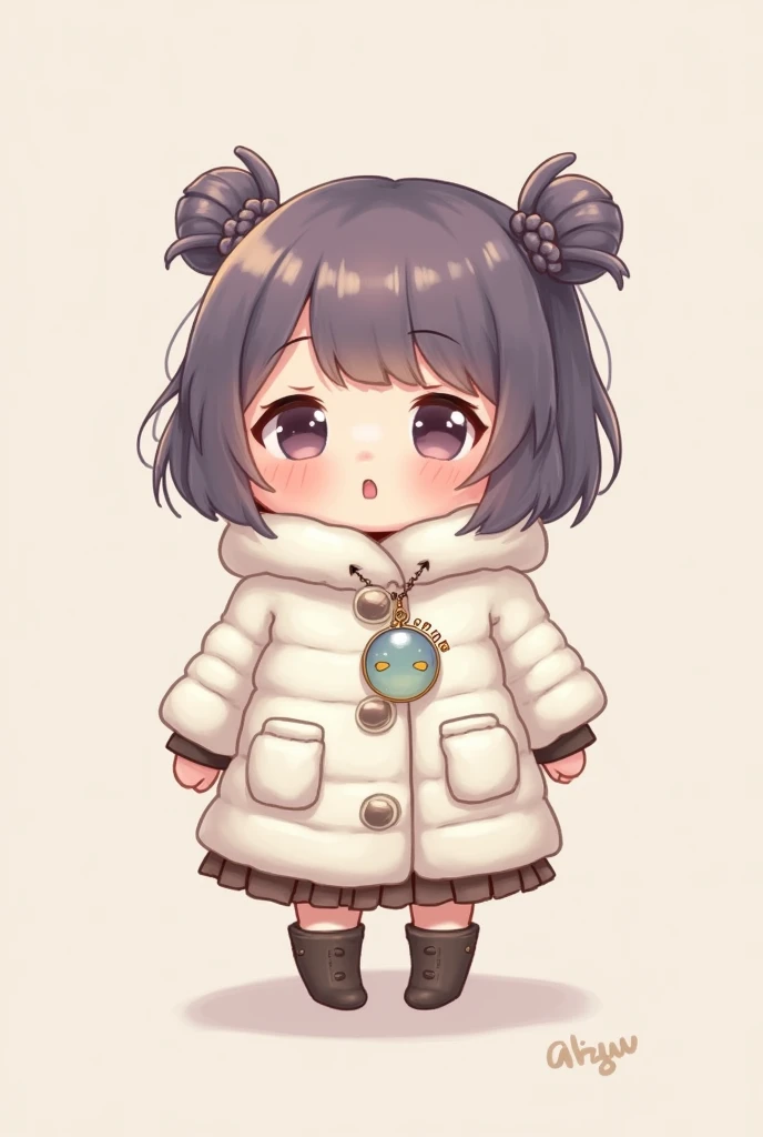 a cute short female baby, hair purple purple ash rambut kepang dua tying up, wearing white winter coats,  chubby face, plain background, smiley pouting, wearing a pendant name “AQUA”, full body view