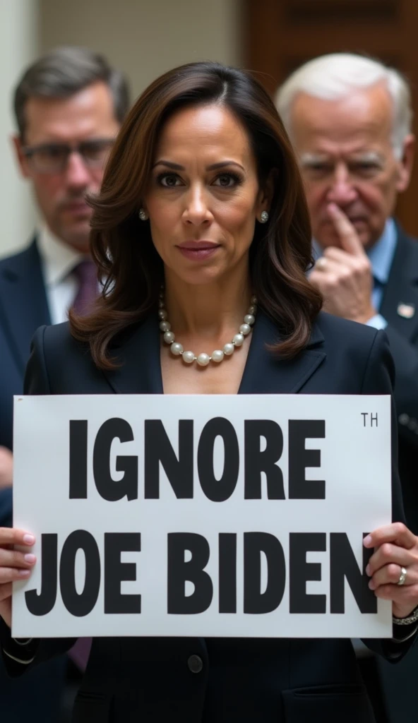 An AI generated Realistic Image of Kamala Harris (in proper visible face) while holding a sign board with "Ignore Joe Biden" in bold letters, also generate the image of US president joe Biden behind her in proper visible face while putting finger on his mo...