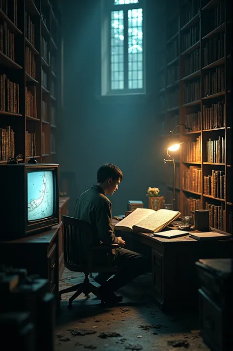 A dimly lit library filled with books and old maps about the Bermuda Triangle, with a retro TV screen in the foreground playing a black-and-white documentary of the region. The background shows a researcher surrounded by open books and notes, lost in thoug...