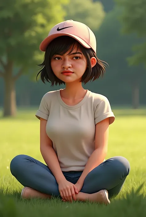 A 22 years old woman chubby wearing tshirt and a nike baseball cap sitting on the grass, short hair