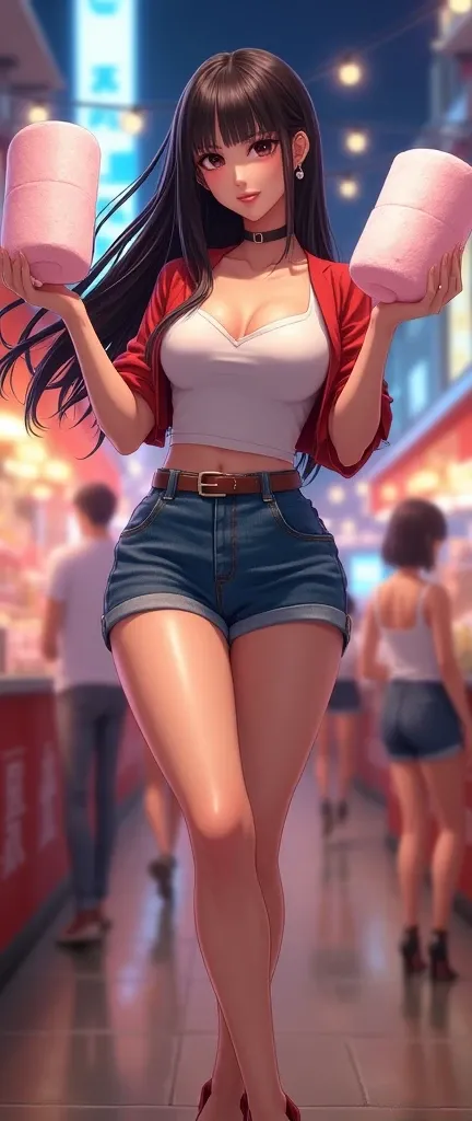  lively night market . Osaki Amane, Very mature , Sexy sweet , ,   huge bulging  , Tight Denim Shorts ,  Open Waist T-Shirt,  Extra high heels ,  the highest thinnest heel , Hands raised , Big mouth, Holding big giant marshmallows,  their faces are full of...