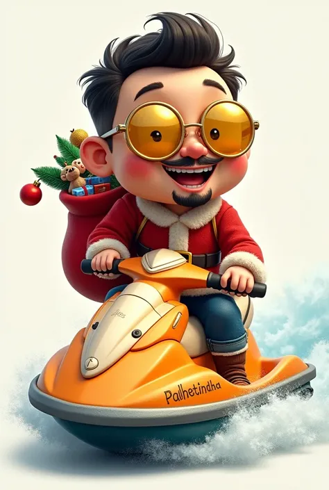 A man with a closed black goatee , smiling,  dressed in Christmas clothes , with a red bag full of toys on his back ,  wearing golden mirrored glasses ,  riding an orange jet ski with white details with the name Palhetinha, in drawing
