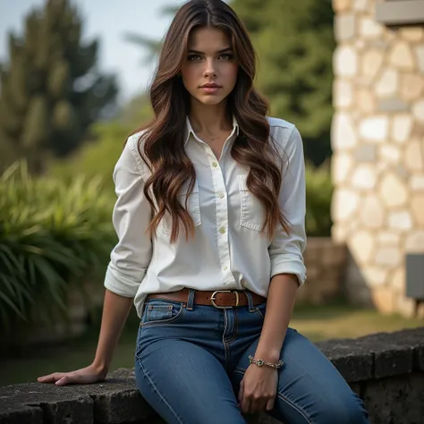 The image is a portrait of a young woman sitting on a stone wall. She is wearing a white button-down shirt and blue jeans with a brown belt. Her long brown hair is styled in loose waves and she is looking directly at the camera with a serious expression. T...