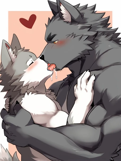 wolf, kemono, bara, licking, duo, Kissing, saliva, arm hug, portrait, <3