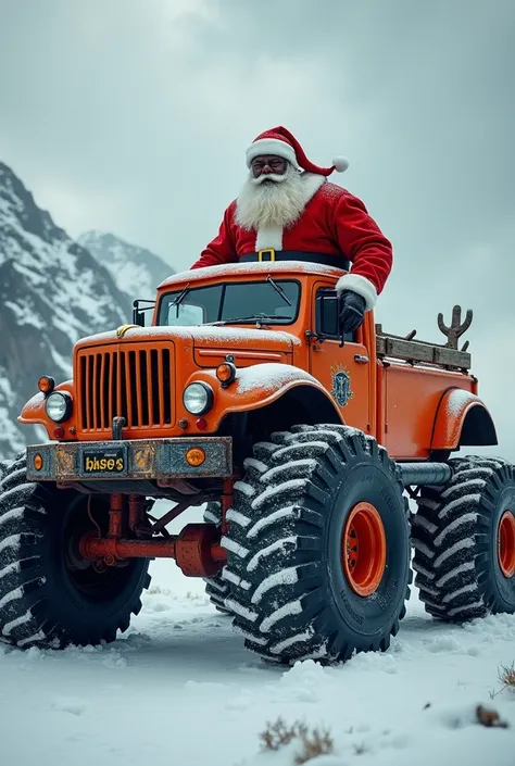 Create image of black Santa Claus with orange citroen monster truck 