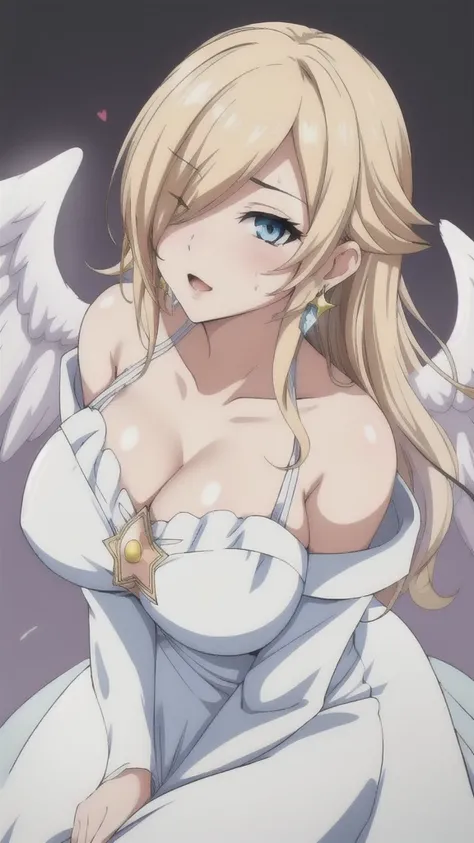   erotic 、Rosalina、Blonde、Black Fallen Angel Wings 、Light blue eyes、Big Breasts, Alone,White long dress、 cleavage, Purple Wicked Background 、  top quality,  detailed face ,  detailed eyes on board,  high definition ,Smirking face、Looking up、 dye your cheek...