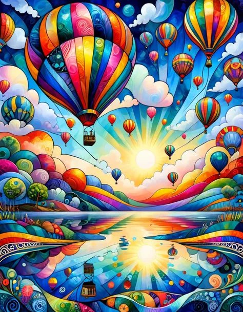 Top quality, high resolution, best composition, dynamic composition, zentangle style, colorful landscape painting, psychedelic landscape, vibrant abstract landscape, a single colorful balloon floating above the sea surface on a clear day, no people on boar...