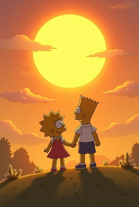 A girl and a boy holding hands watching the sun in the form of The Simpsons 