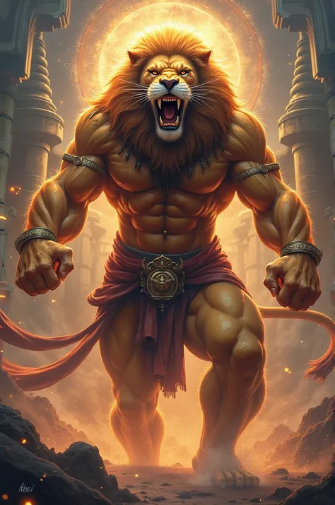 Lord mahaha Vishnu narasimha avatharam with muscular human full body with lion head 