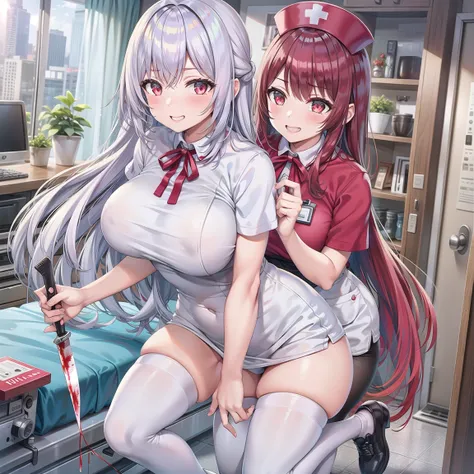  1 girl, Alone, nurse, nurse cap,  White Kimono, (( white legwear ,  absolute domain,  Big Breasts )), White handbag,  white hair ,  long hair,  pink eye, Droopy eyes, smile,  standing, ((Hospital room)), knife in hand , Blood on the knife, Stethoscope on ...