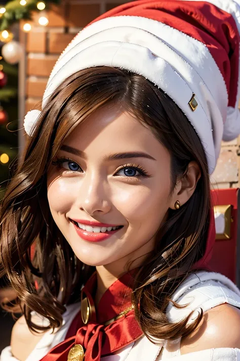  smiles、 white skin、 big eyes、 Big Breasts 、bluish eyes、 cowboy shot、 Santa costume with big white bag 、Santa hat、Red Santa Jacket 、 Off Shoulder 、 red skirt 、 White Big Bag ,SFW