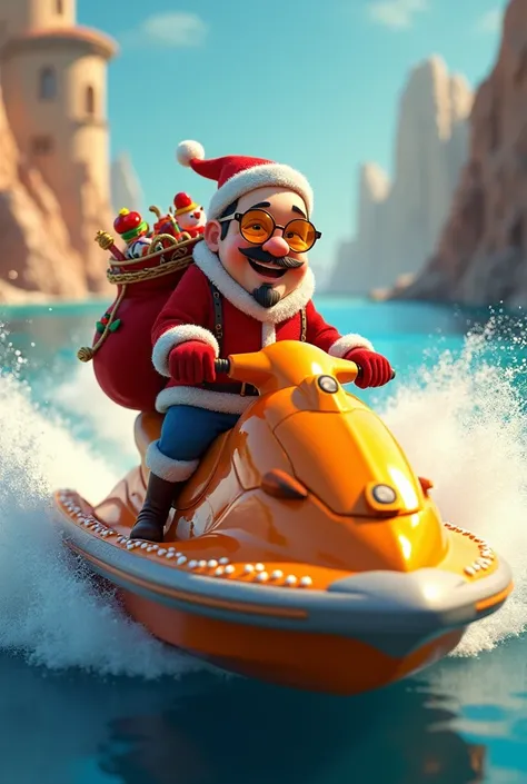 A man with a closed black goatee , smiling,  dressed in Christmas clothes , with a red bag full of toys on his back ,  wearing golden mirrored glasses ,  riding an orange jet ski with white details with the name Palhetinha, em disney pixar
