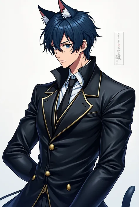 Short dark blue hair well combed to the side, elegant hairstyle, cat ears on the head ,  muscular mens leather clothing, Anime style 