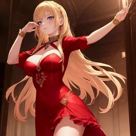 1girl,masterpiece, (8k, best quality, masterpiece:1.2),highly detailed,ultra-detailed,masterclass,best quality,perfect lighting, cv16,red dress, blonde long hair, blue eyes, shooting from below, glitter effect, bust up