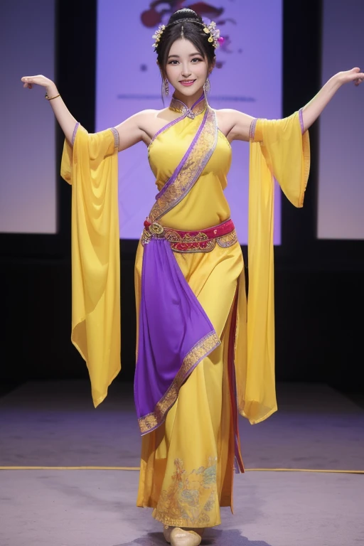 The woman is wearing a yellow and purple ancient dance costume, including a full-length halter top blouse, and chiffon trousers on the bottom. She is an oriental beauty with a very Chinese style. The costume is very Song Dynasty style. She has her back to ...