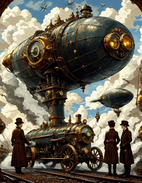 A futuristic world dominated by steampunk technology and aesthetics, Steampunk Decor, Steampunk fantasy: adventure and exploration, Victorian Steampunk, Steampunk Mechanical Contraption, Steam engine, Steam spewing from a steam engine. Steampunk Zeppelin. ...