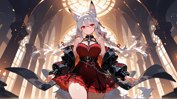 masterpiece, best quality, high detailed background, kiana , 1 Girl, Alone, fox ears , she wears elegant glasses ,  red eyes , silver hair , Animal ear hair, Striped Hair, fox Girl, バング bangs,  braid twin , Punk StyleMaid Dress, Punk Style, inspired armori...