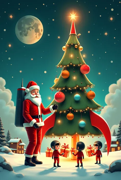  Create a retrofuturistic Christmas scene ,  inspired by 1960s aesthetics .  to the main The element is a rocket-shaped Christmas tree ,  decorated with glowing futuristic balloons and garlands ,  set against the background of the moonscape .  In the backg...