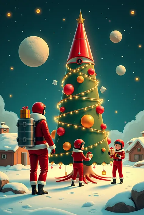  Create a retrofuturistic Christmas scene ,  inspired by 1960s aesthetics .  to the main The element is a rocket-shaped Christmas tree ,  decorated with glowing futuristic balloons and garlands ,  set against the background of the moonscape .  In the backg...