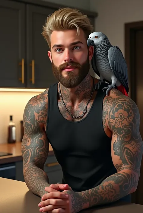   Attractive and elegant 27-year-old man  ,  t-shirt with a thick, well-groomed beard ,   blond hair  ,   green eyes, He wears a ,  has tattoos on his arms up to his neck . Your arms are well defined.  HE HAS a small , smile with closed lips.   in the back...