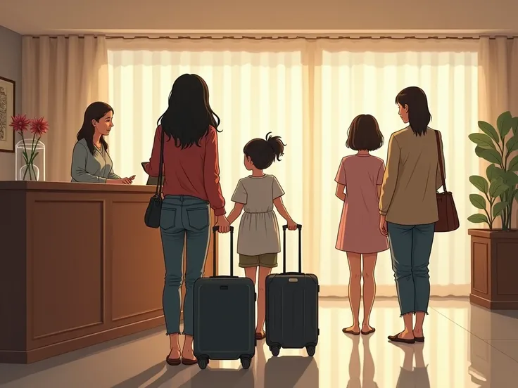  4 including : not, Mother ,  SISTER AND SISTER ARE BLACK THREE-HAIRED DAUGHTER PULLING SUITCASES,  black haired mom carrying a handbag ,  black haired sister , brunette sister standing in front of the front desk,  threesome chatting with receptionist, and...