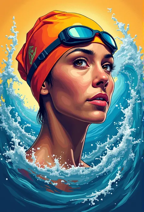 A vibrant pop art style portrait of Diana Nyad, a female long-distance swimmer, wearing a swimming cap and goggles, surrounded by flowing water patterns, symbolizing determination and the power of belief.