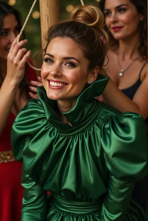 (realistic photograph close up sideways), (a pleased beautiful Caucasian woman with (messy hair bun), she is wearing (an elaborate shiny green silk gown featuring (long gigantic pouf sleeves) and (a gigantic ruffle on top of a very tall and tight stand-up ...