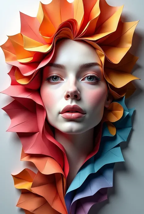 Create a colorful image of a womans face made with origami 