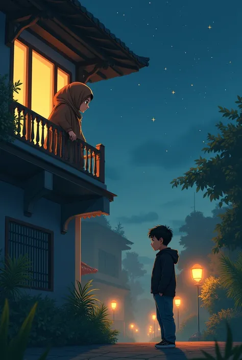 A romantic late-night scene featuring a hijabi girl wearing a brown hijab and a white dress, standing by the fifth-floor window of a building with traditional Bangladeshi architectural design. She gazes down lovingly at a little fat boy on the street below...