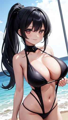  extraordinary beauty, Glossy and toned skin ,  beautiful and lovely girl,A kind smile,Flip Ponytail, high cut swimsuit,、 black hair long hair, big breasts、