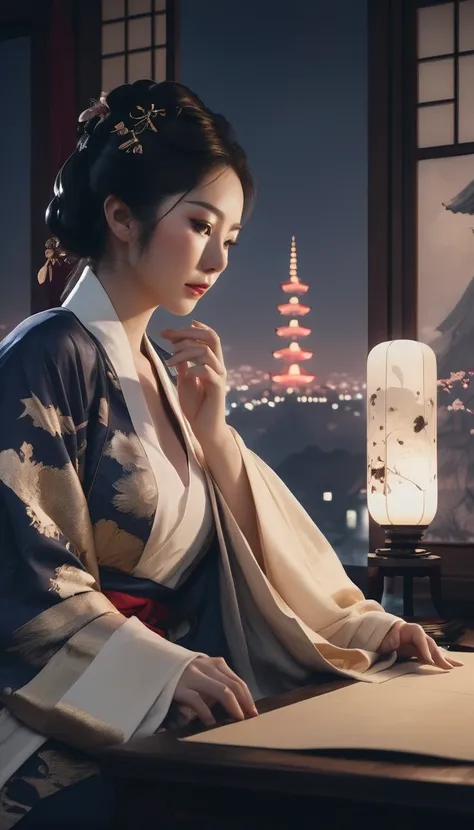   A beautiful Japanese woman from the Edo period is making a phone call 、 perfect composition on the board、、Like a horror movie、 Realistically Depicts Hand Poses and Skin Textures at the End of the Telephone Line Extremely Precise and Cinematic Composition...